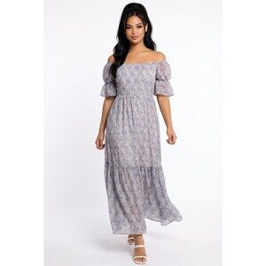 Just Me Maxi Dress Womens Size S Purple Floral Off Shoulder Puff Sleeve